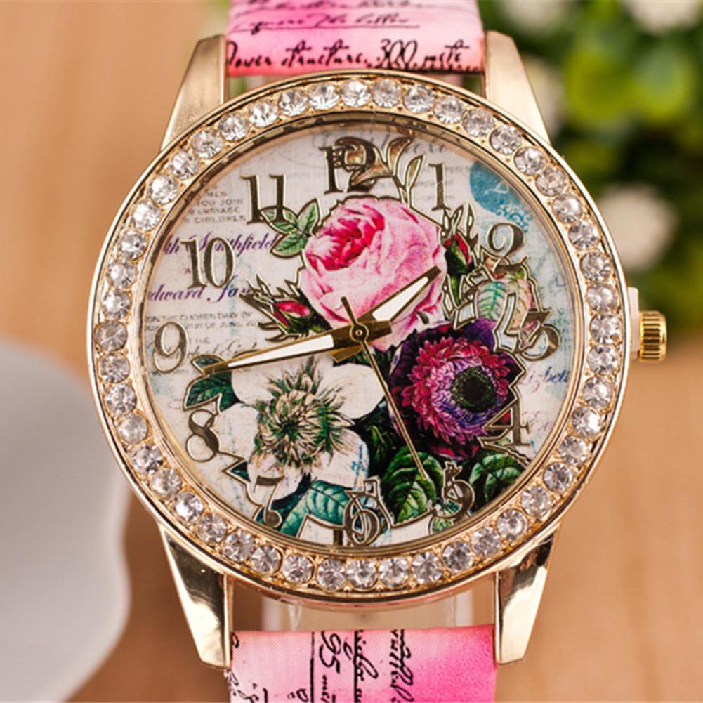 Women Rhinestone Inlaid Flower Round Dial Faux Leather Band Quartz Wrist Watch Fashion Quartz Wrist Watch Women