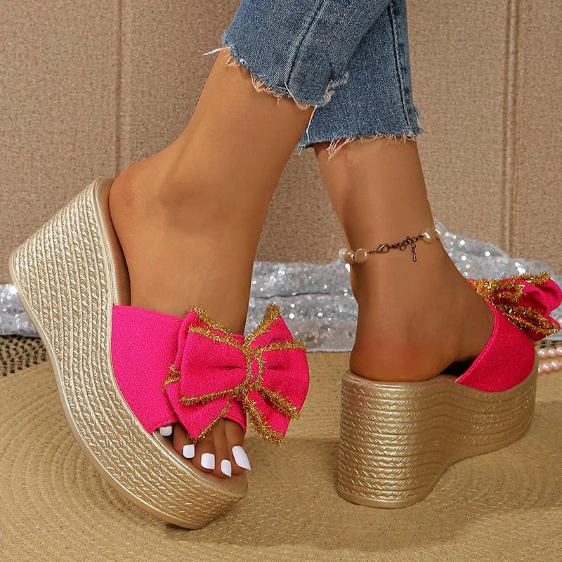 Fashion Street Bow Knot Chunky Platform Slippers Women Fashion Round Toe High Heel Sandals Woman Plus Size Wear-Resistant Slides Mujer
