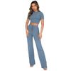 European and American Women's Fashion: Solid Color High-Elastic Shaping Rib-Knit Short-Sleeve Top & Wide-Leg Pants Two-Piece Set.