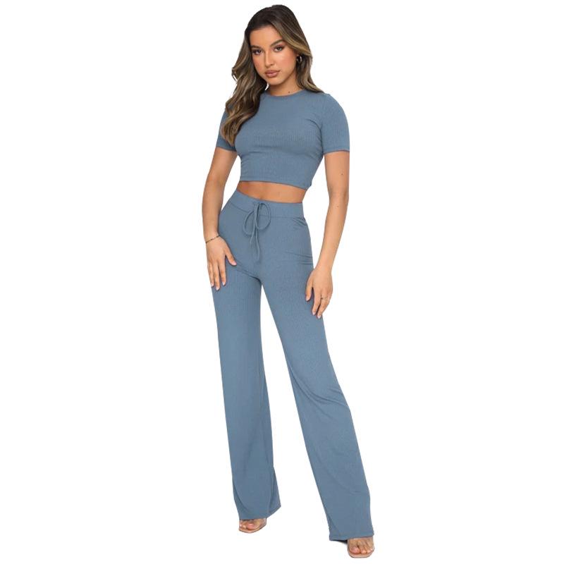 European and American Women's Fashion: Solid Color High-Elastic Shaping Rib-Knit Short-Sleeve Top & Wide-Leg Pants Two-Piece Set.
