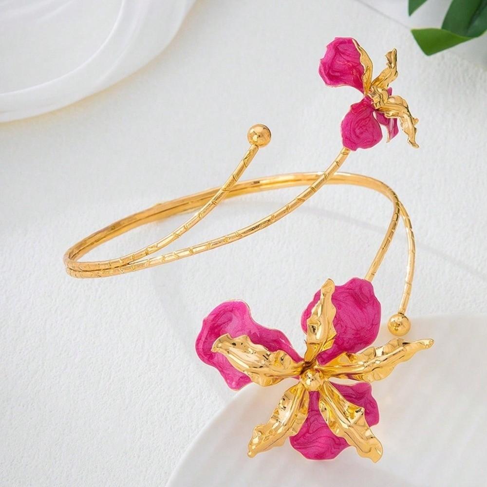 Adjustable Butterfly Orchid Bracelet Enamel Glaze Flower Armband Elegant Open Arm Bangle Gift