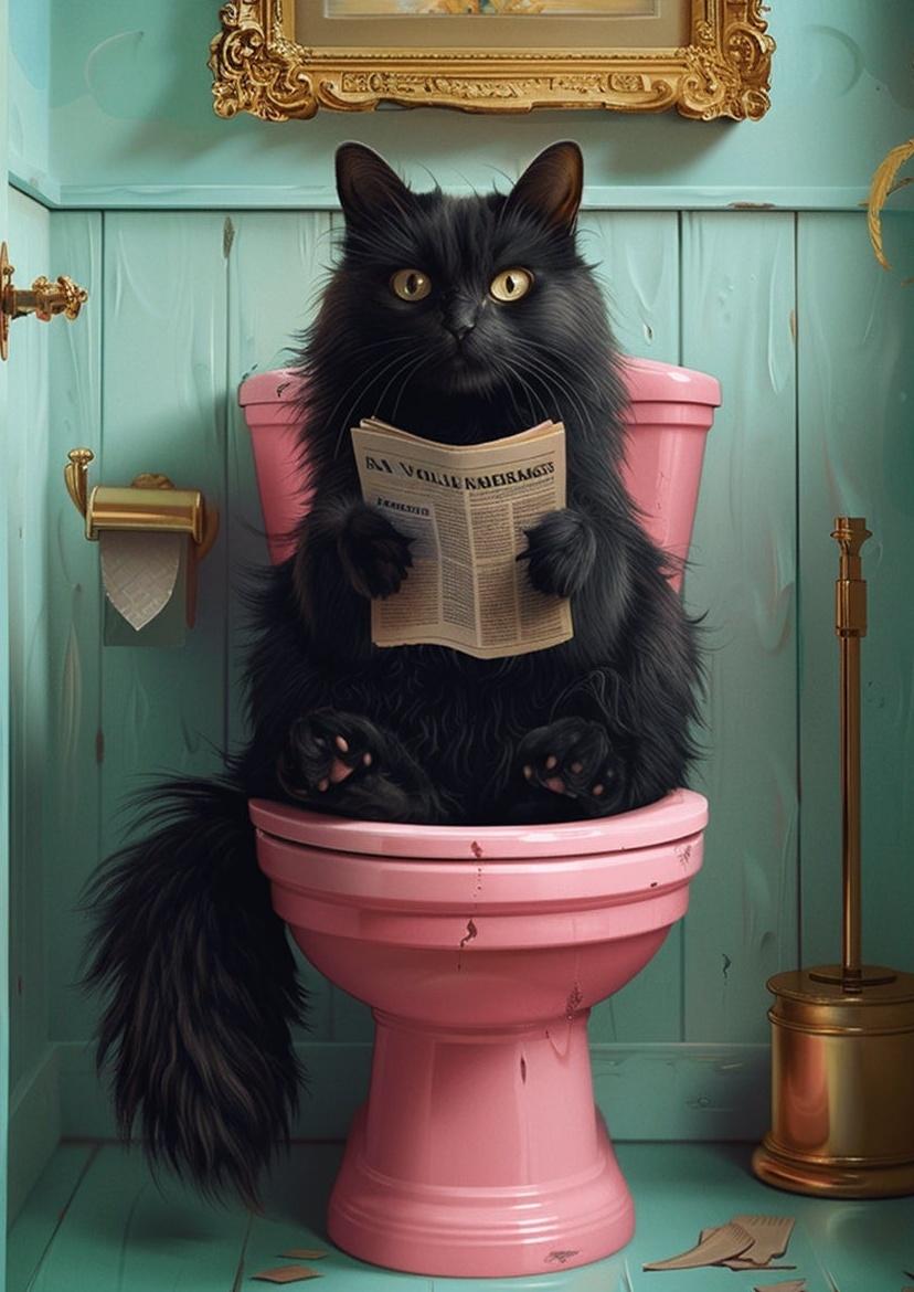 Newspaper Poster Funny Cute Cat Bathroom Canvas Painting Wall Art for Room Lavatory Home Decor Animal on The Toilet and Reading 21X30CMNo Framed