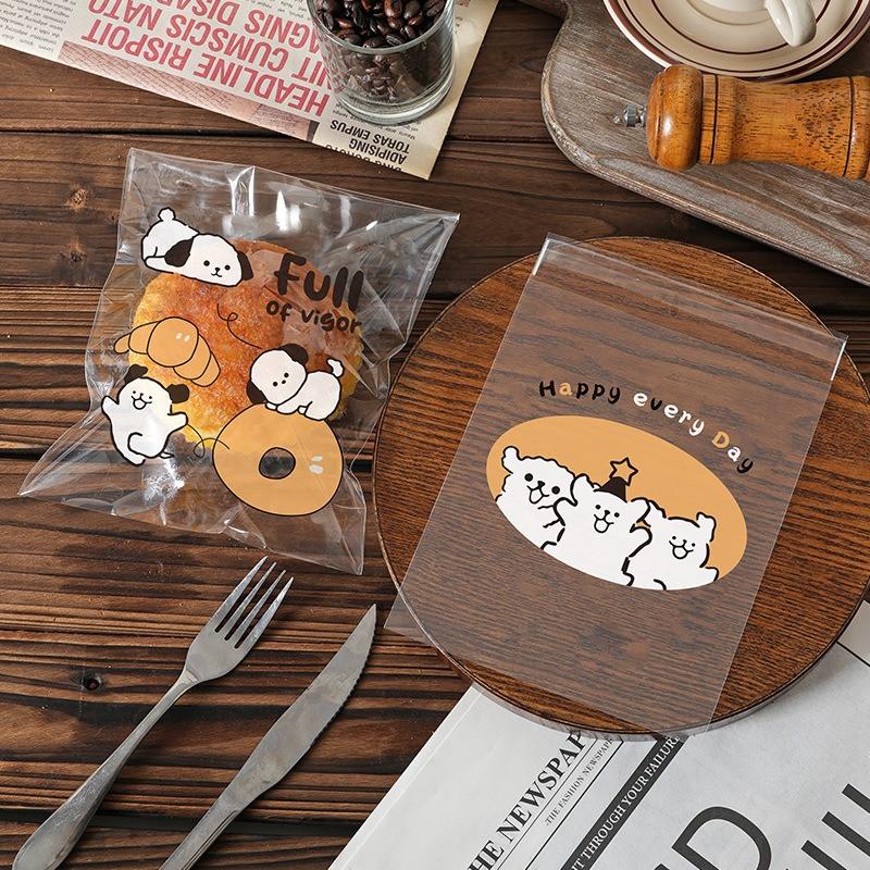 100Pcs 17x17cm Clear Transparent Bread Bags Toast Cake Printed Snack Bread Coffee Shop Food Packaging