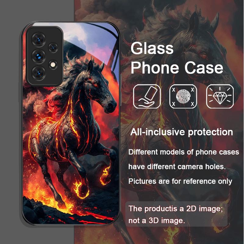 Creative Flame Black Horse Pattern Tempered Glass Phone Case for Samsung Galaxy A56 A72 A55 A54 A53 A52 A36 A51 A15 A14 5G Cover