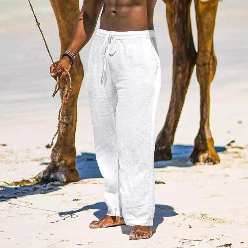 Sommer pustende linbukser for menn Lett yoga strand bomull lin ensfargede bukser løs Uformell