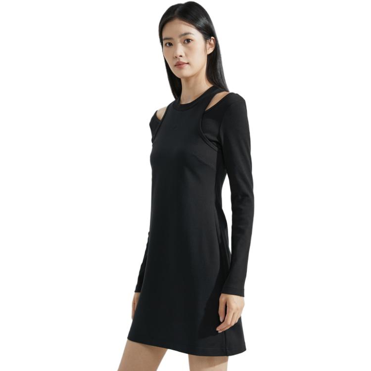 Calvin Klein Solid Color Embroidered Letter Off-Shoulder Long Sleeve Dress Women Dresses Space-Black J222324-BEH