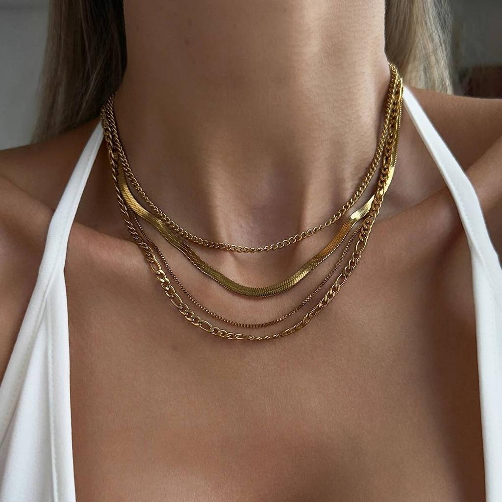 Ingemark 4Pcs/Set Vintage Gold Color Stainless Steel Cuban Link Snake Chain Necklaces Women Waterproof Adjustable Choker Jewelry