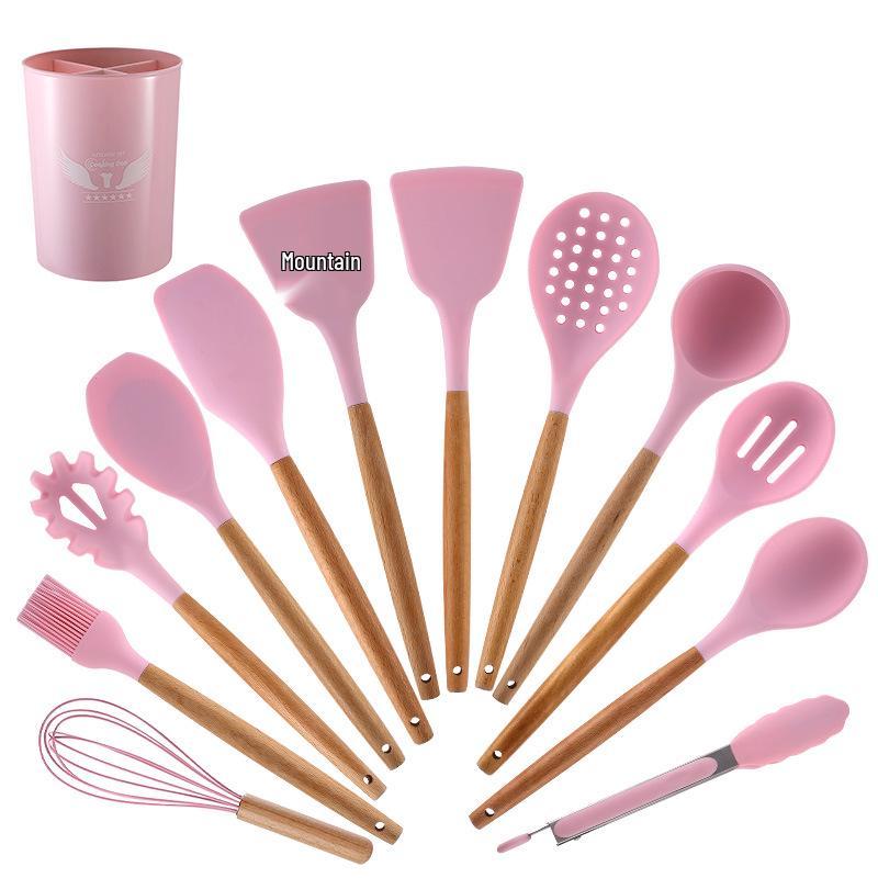 12-Piece Silicone Kitchen Utensil Set with Wooden Handles - Includes Spatula, Slotted Spoon, Frying Spatula, and Baking Tools