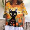 Retro T-shirt Women's V-neck Cartoon Cat Summer Casual Fashion Short Sleeve Tops Harajuku Wind T-shirt OverSize Women's Clothing