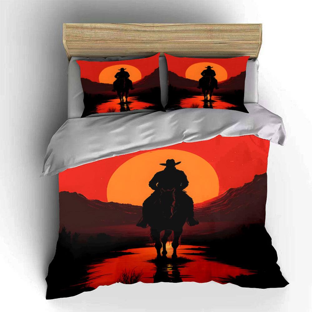 Sunset Cowboy Silhouette Print Bedding Set For Kids Luxury Gift 3Pcs Digital Print Comforter Set Soft Comfortable Breathable