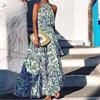 Popular Bohemian neck high waist sleeveless medium and long pleated floral long dress dress