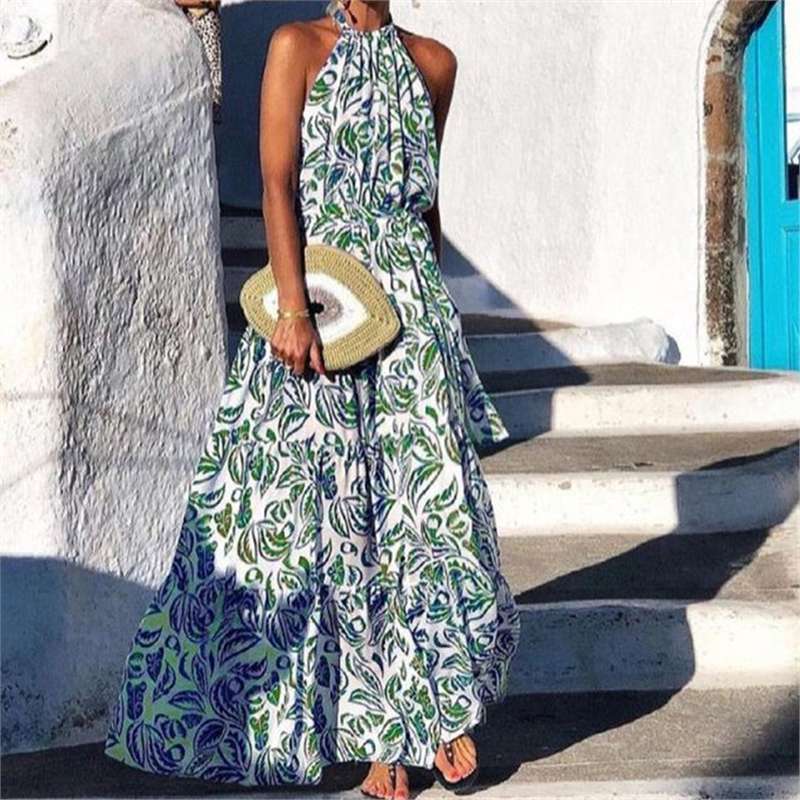 Popular Bohemian neck high waist sleeveless medium and long pleated floral long dress dress