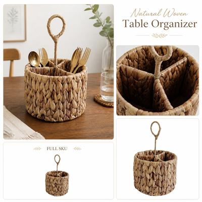 Panier de rangement tissé à la main en jacinthe d'eau avec séparateurs Matériau naturel en paille Organisateur pour couverts Support tissé de table pour la cuisine ou la salle à manger