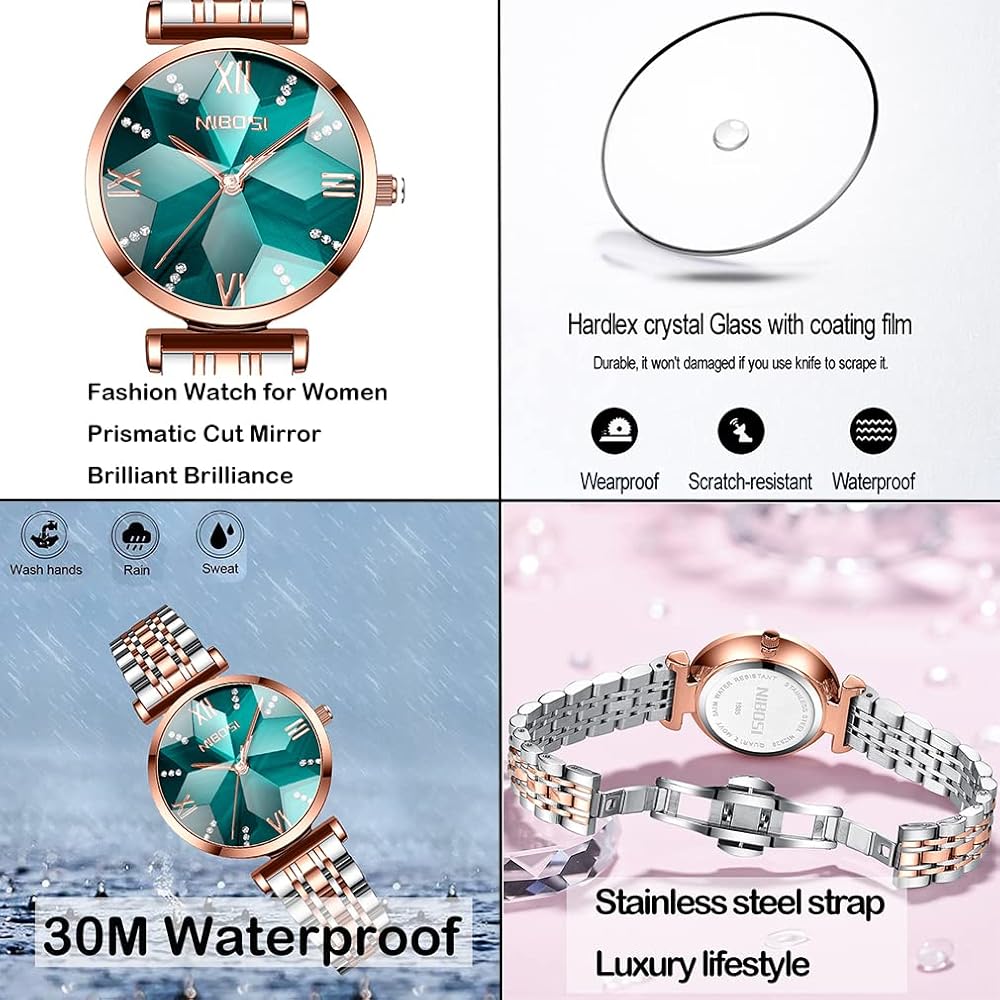 Nibosi Women's Casual Analog Quartz Watch Green Waterproof Stainless Steel