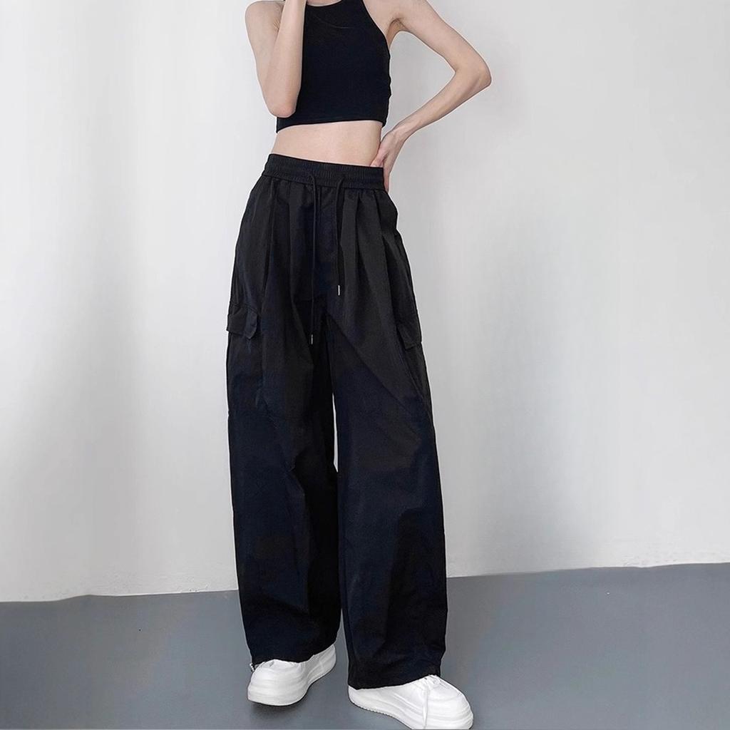 Large Size Overalls Women's Autumn Loose and Thin Cool Sa Style Casual Pants Drape Wide Leg Pants Elastic Drawstring Waist Casual Pants