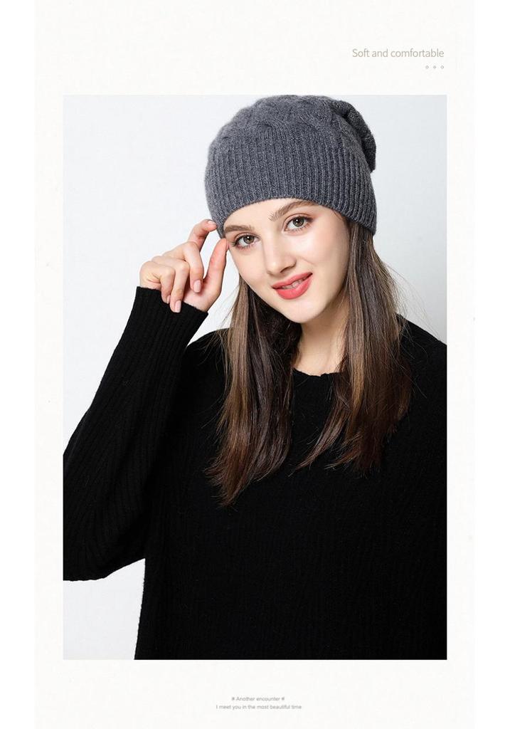 Women's 100% Pure Cashmere Cable Knit Hat - Thick, Warm, and Fashionable for Autumn and Winter
