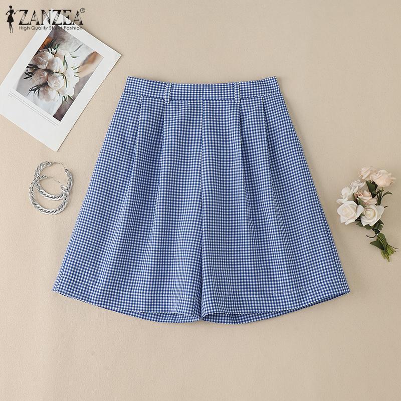 ZANZEA Women Casual Elastic High Waist Loose Plaid Print Shorts