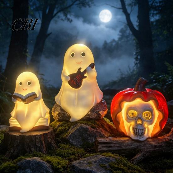 Ambient Bedroom Lighting Halloween Ghost Night Light, Resin Spooky Table Lamp for Shelf Ornament Decor, Warm Amber Purple Glow Gothic Witchy