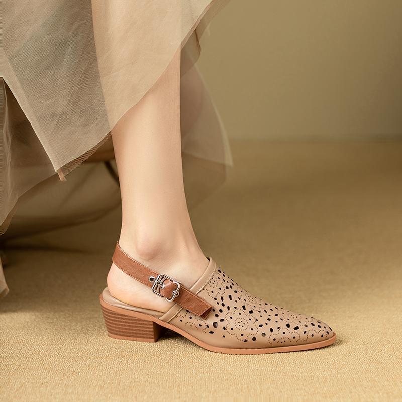 Summer Women Sandals Genuine Leather Shoes for Women Cover Toe Chunky Heel Shoes Pointed Toe Slingback Sandals Gladiator Shoes