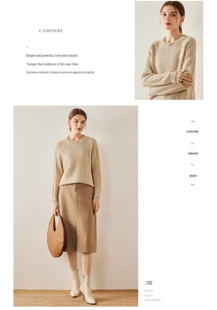 Women's Heavy Knit Cashmere Aran Sweater: Saddle Shoulder, Round Neck, Long Sleeve Pullover for Autumn/Winter, Solid Color, Casual & Versatile.