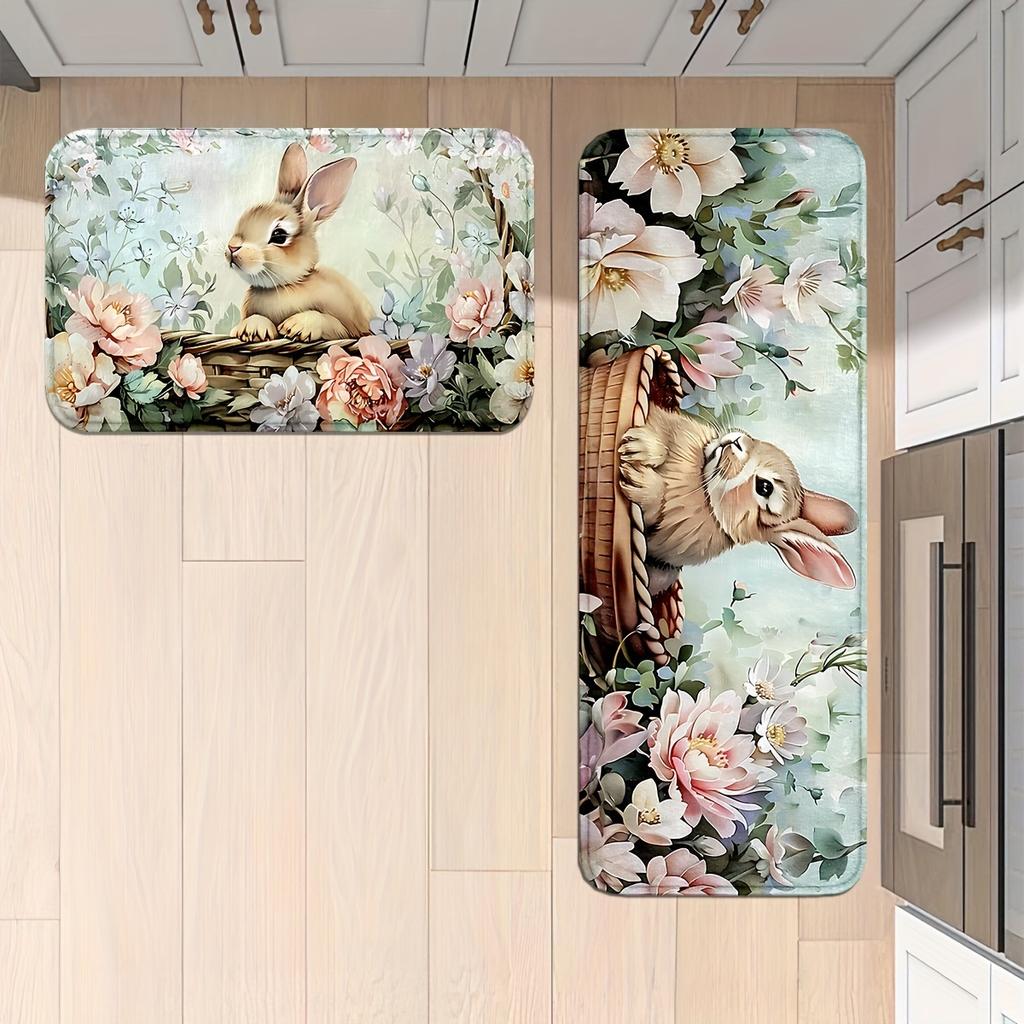 1Pcs Anti Fatigue Kitchen Rugs, Charming Rabbit Print Waterproof Non-Slip Thick Cushioned Kitchen Mat Heavy Duty Comfort Standing Mat for Kitchen