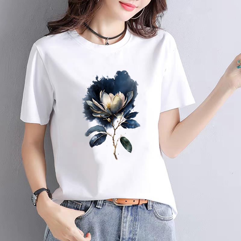 ATrendy Fashionable New Women's Commuter Instagram Summer Printed Base Layer T-shirt Short-sleeved Round Neck  polyester fabric