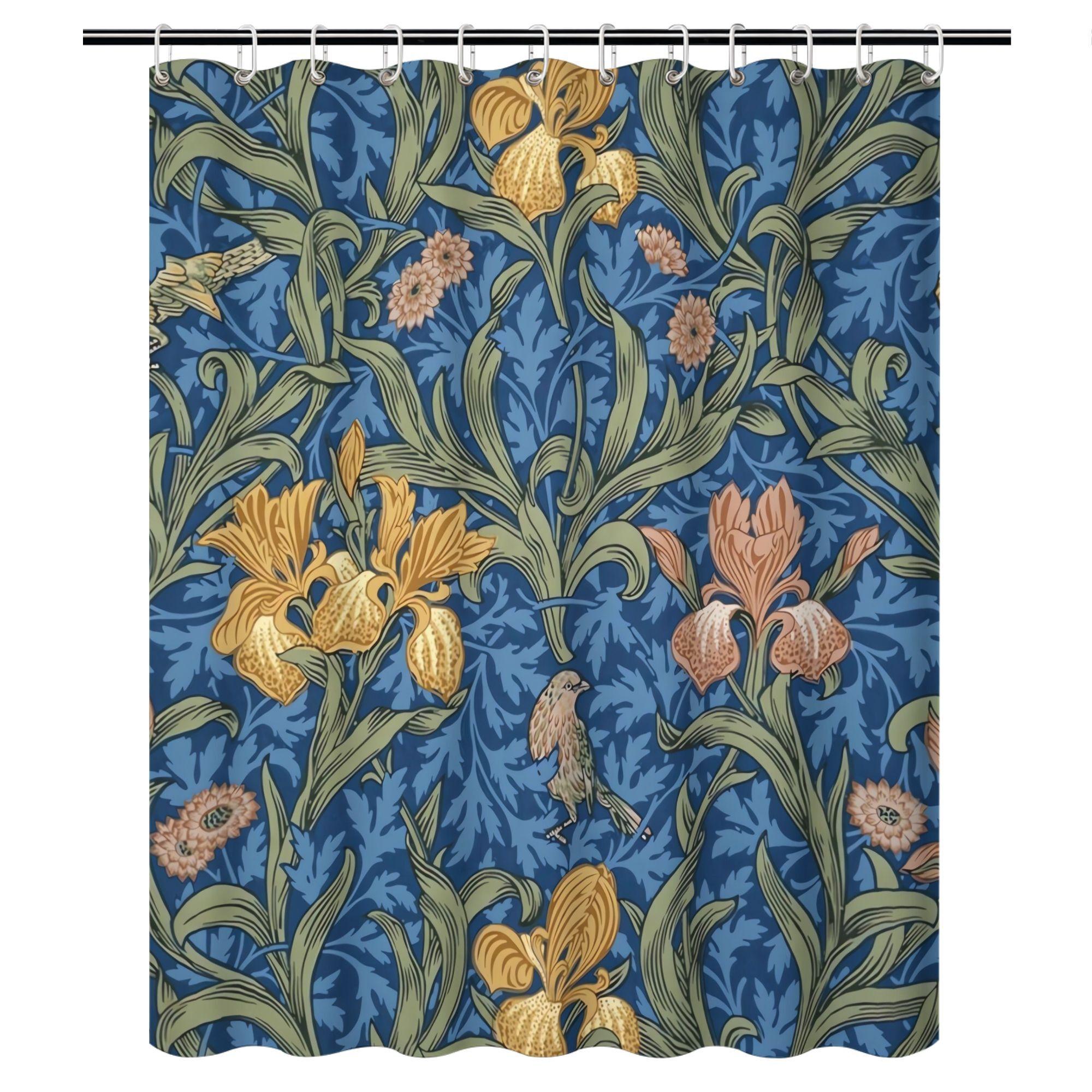 

William Morris Iris & Bird Shower Curtain – Authentic Arts & Crafts Pattern, 12 Hooks, Vintage Botanical Bathroom Decor W60H190(CM)-1 Pcs