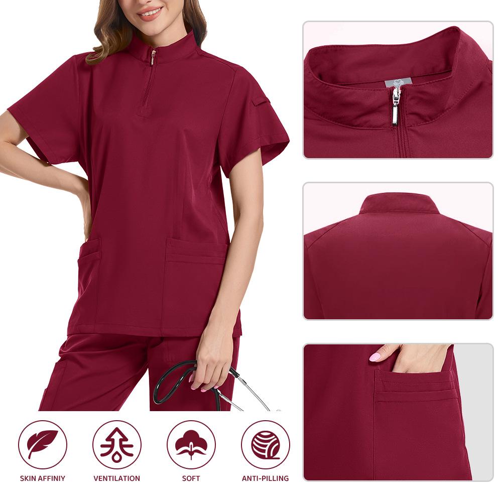 Zippered Stand-Up Collar Scrub Suit with Straight-Leg Pants In Solid Color for Healthcare Professionals