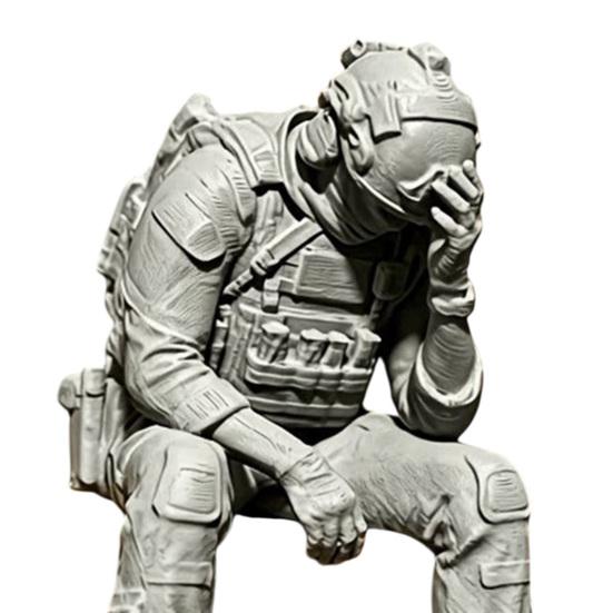 jijijing 3D Printed Soldier Figurine Ornament, Sitting Tactical Statue, Funny Tired Sculpture for Table Shelf Edge Decor