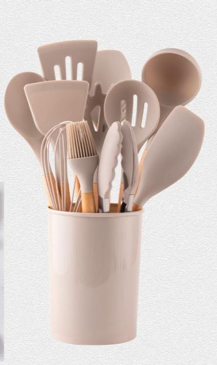 

Набор из 12 разноцветных силиконовых кухонных принадлежностей с деревянной ручкой, антипригарное покрытие, лопатка и ложка, кухонные принадлежности, термостойкие