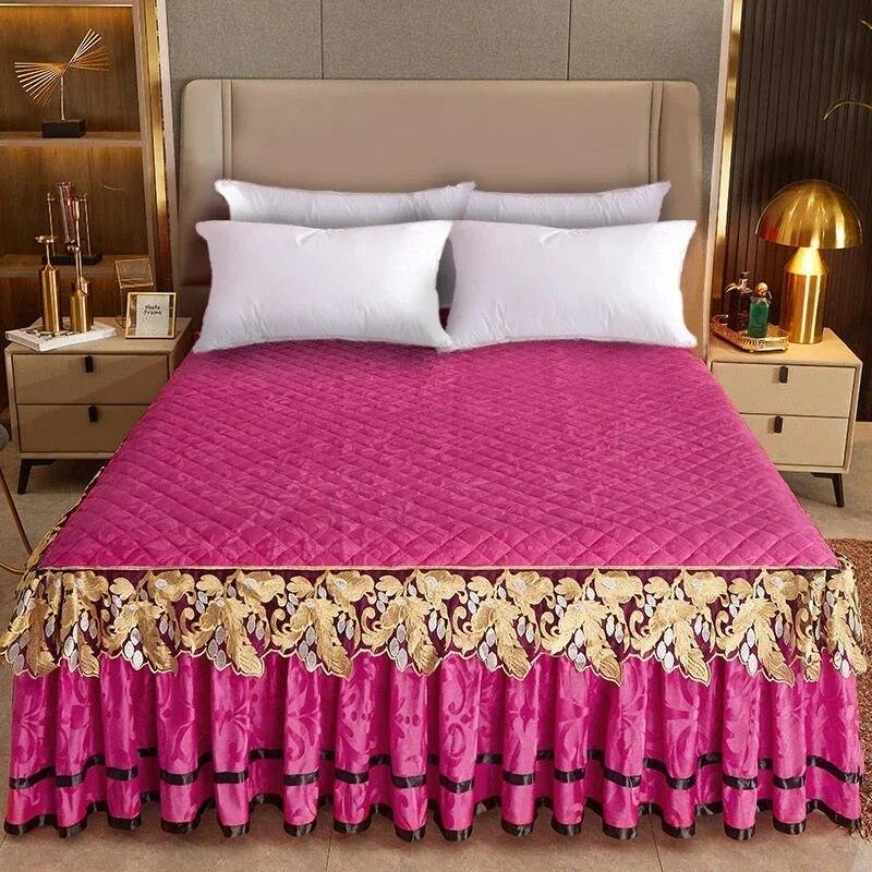 Plush Winter Warm Bedspread On The Bed Thickened Bed Skirt-style Embroidery Cotton Quilt Bedding Cover with Pillowcases