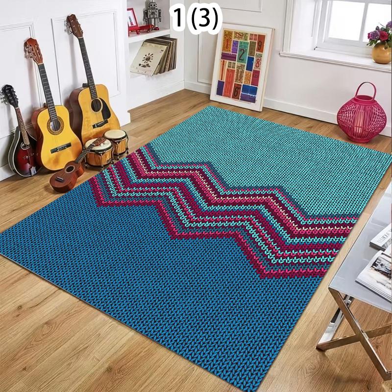 Bohemian Knitting Texture Area Rug 2D Printed Geometric Wave Pattern Non Slip Washable Floor Carpet for Living Bedroom Retro