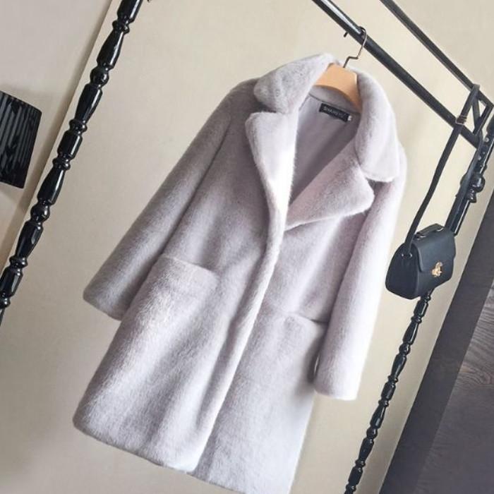 

Женское норковое пальто из искусственного меха, однотонное женское пальто с отложным воротником, зимнее теплое женское пальто из искусственного меха, повседневная куртка L серый