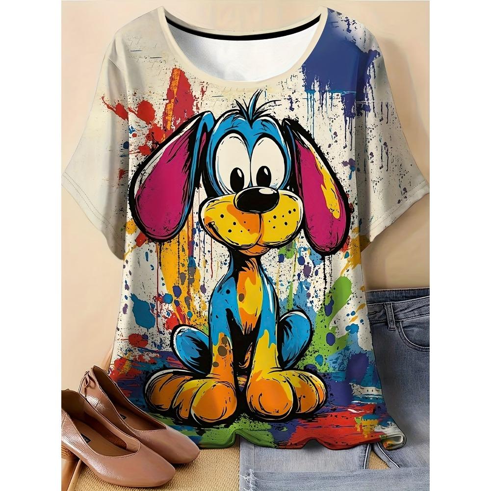 Plus Size Casual Crew Neck Short Sleeve Cartoon Animal Print T-Shirt - Soft Stretch Polyester Fabric Spring and Summer Womens Relaxed Fit Clothing