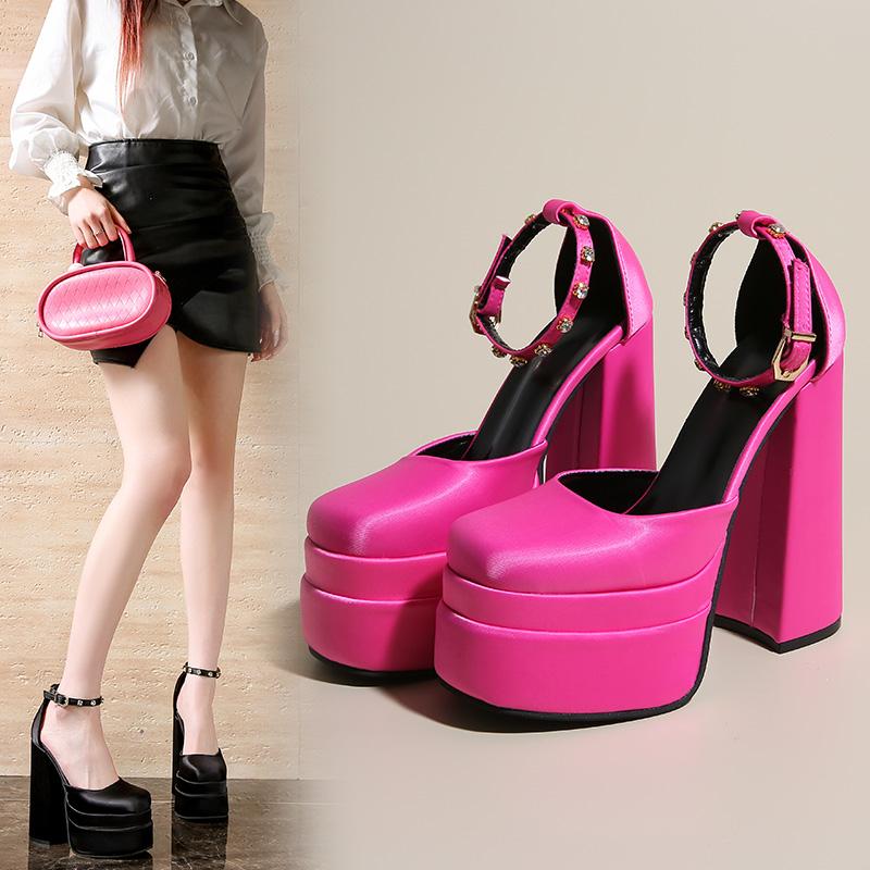 14.5cm Fashion Women Pumps Retro Mary Janes Chunky Heels Sandals Spring Platform Dress Party Wedding Basic Shoes Woman Big Size