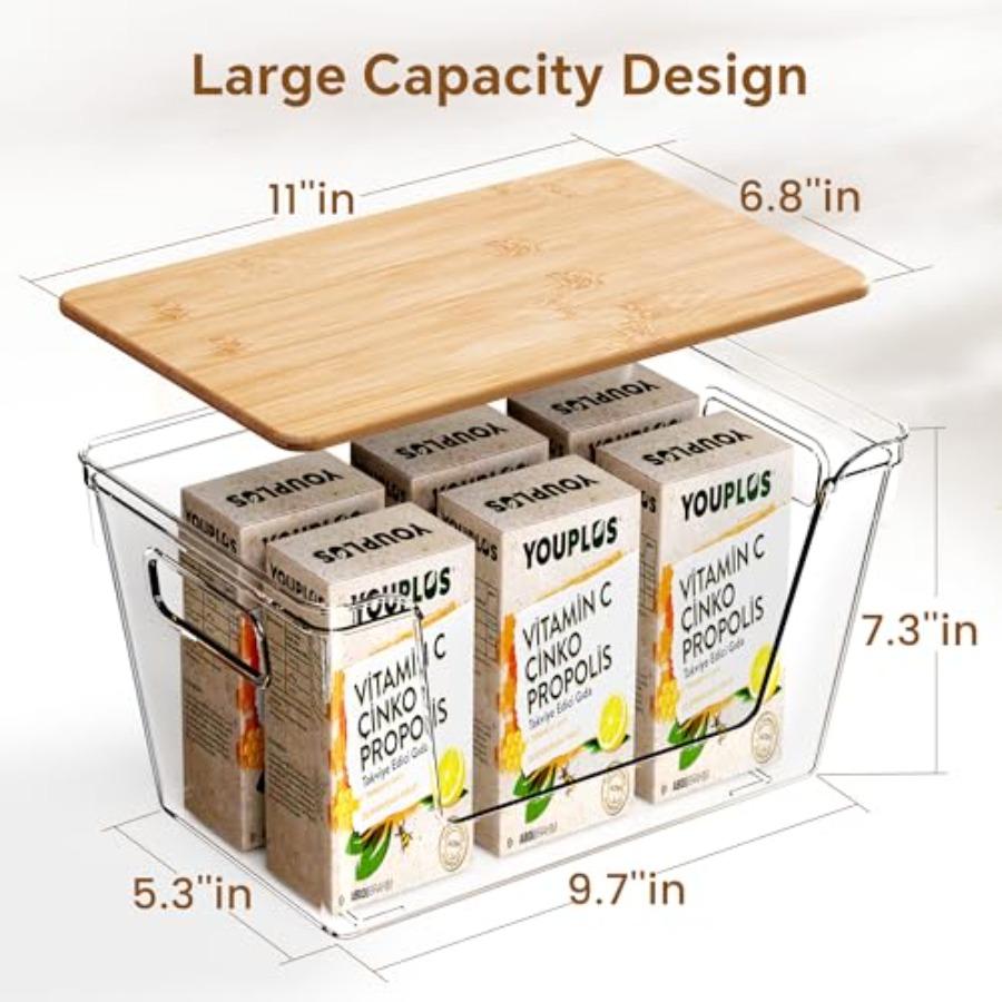 2 Set Pantry Organizers with Bamboo Lids Stackable Clear Bins for Potato Fruit Vegetable Storage Kitchen and Under Sink Organiz