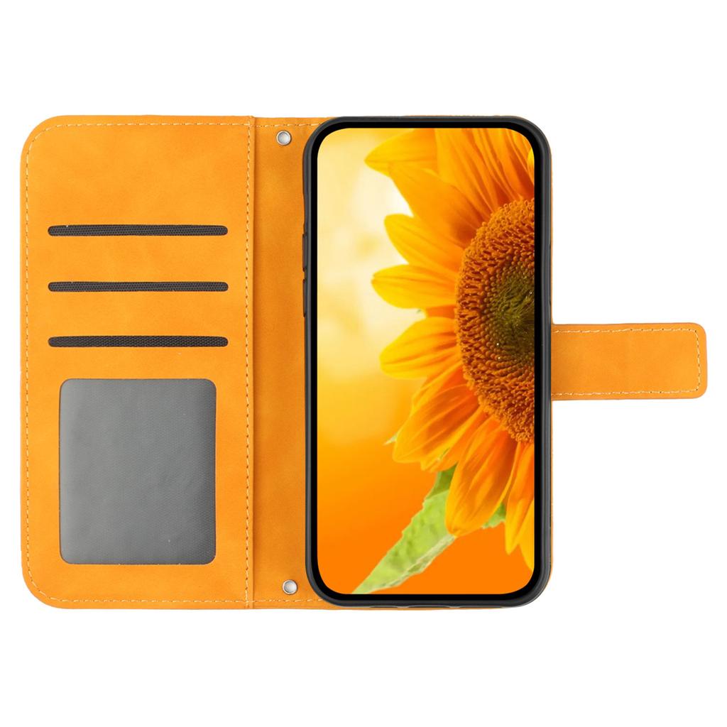HT04 For iPhone 16 Case Sunflower Imprint Leather Wallet Phone Cover with Hand Strap