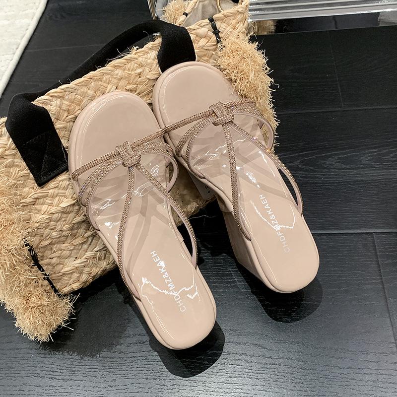 Slope heel temperament rhinestone thin belt cool slippers fairy shoes wear 2026 slippers female summer wear summer skirt 35