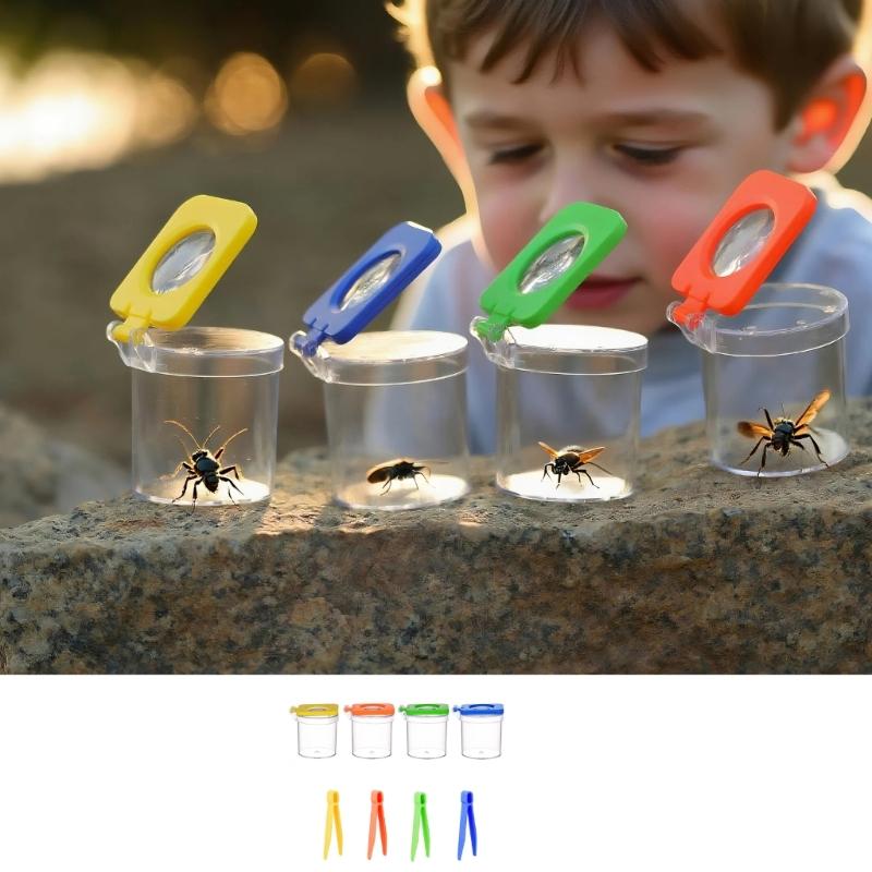 Insect Observation Set for Children, 4 Viewing Holders with View Covers and Tweezers for Family Learning, Classroom Lessons and Outdoor Study
