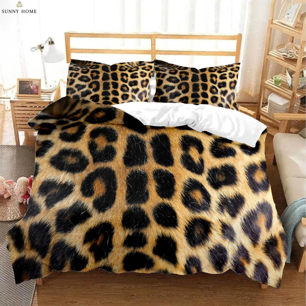 Animal Texture Leopard 3D Printed Quilt Cover Bedding Set Polyester Machine Washable Quilt Cover Pillowcase Three-piece Set