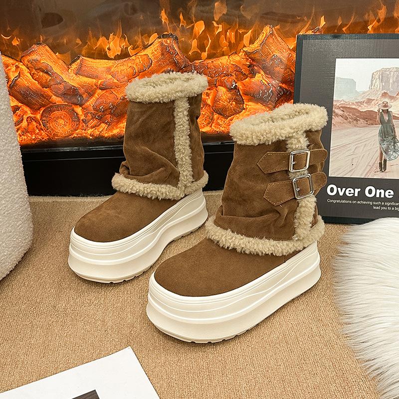 Women's Soft Elastic Mid-calf Thick Sole Winter Fur One Warm Cold Padded Snow Boots Non-slip Wear Casual Sports Pants Tube Boots
