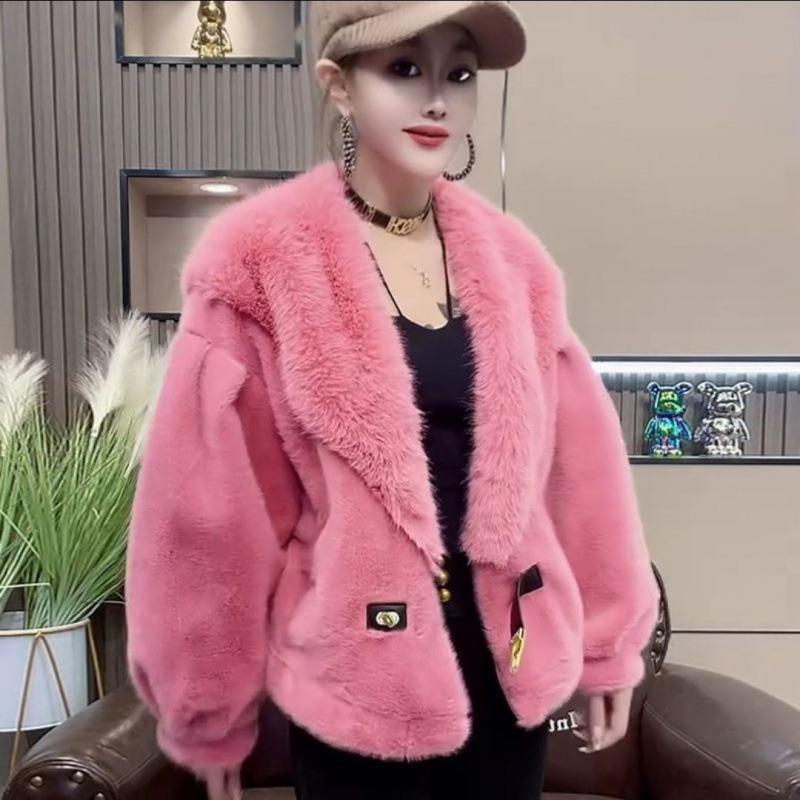 

New temperament winter big fur collar short jacket integrated imitation leather fur short jacket women s light One Size (45kg-67.5kg) барбі рожевий колір