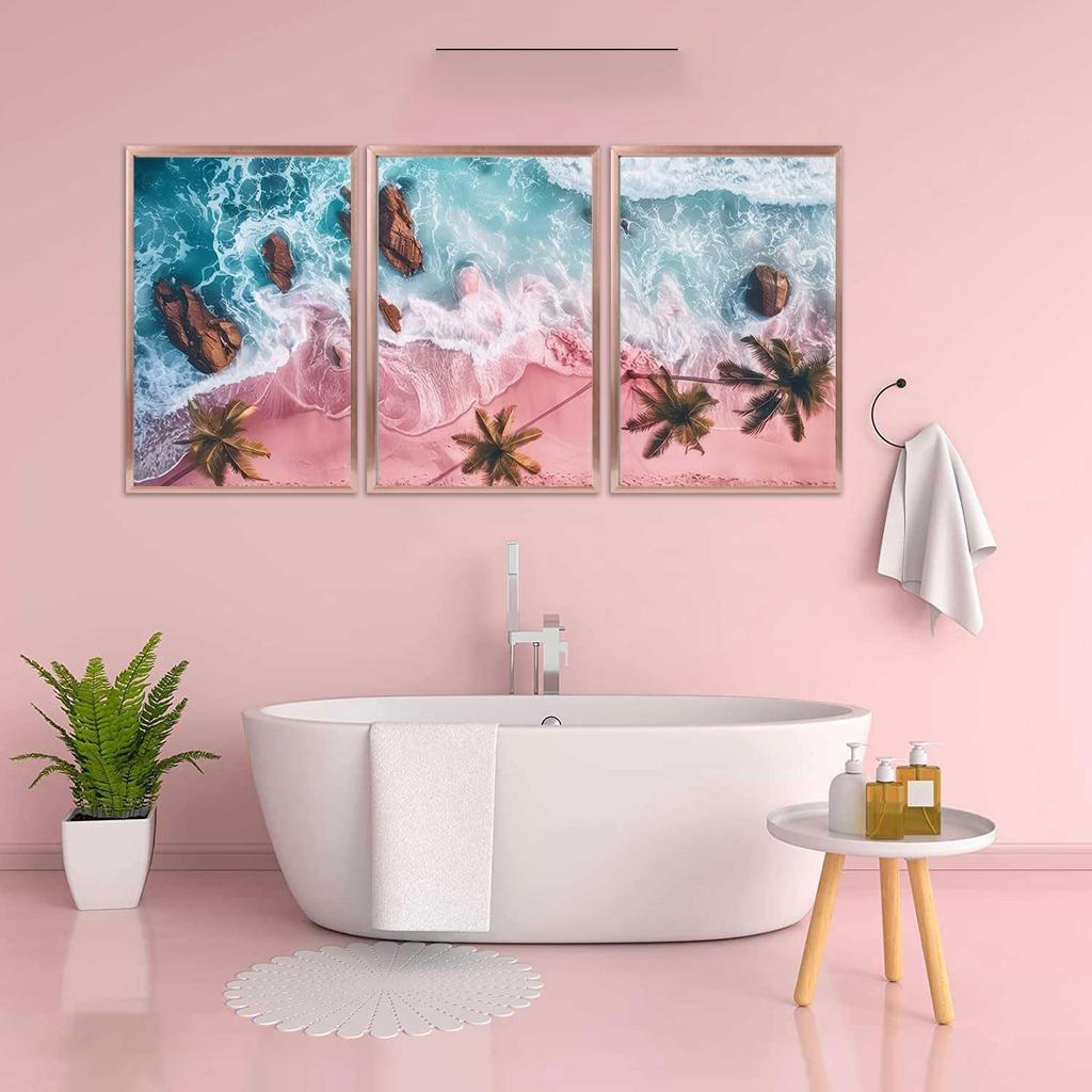 3Pcs Pink Beach Canvas Wall Art Tropical Coastal Palm Trees Wall Decor Pictures Preppy Ocean Wave Landscape Posters Prints for Living Room Bedroom