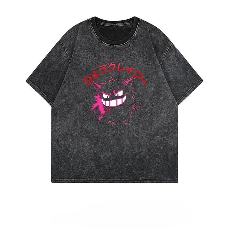 Summer Gengar Pokemon Anime Men's T Shirt Print Vintage Washed Short-sleeved Tee Women's Oversized Gym Y2k Clothes