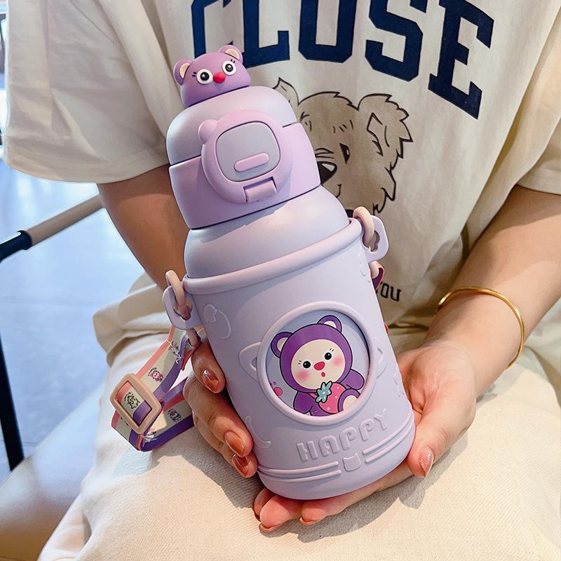 New children's thermal insulation water cup high value 316 stainless steel cartoon animal doll straw water cup gift