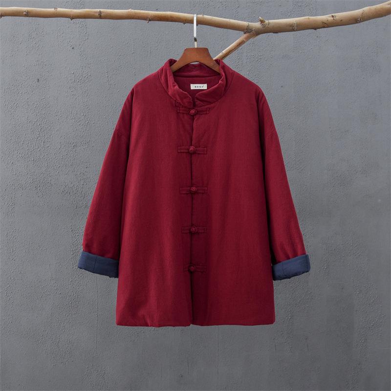 Winter Retro Chinese Cotton-Linen Women’s Coat - Solid Color, Stand Collar, Frog Button, Thickened Warm Jacket