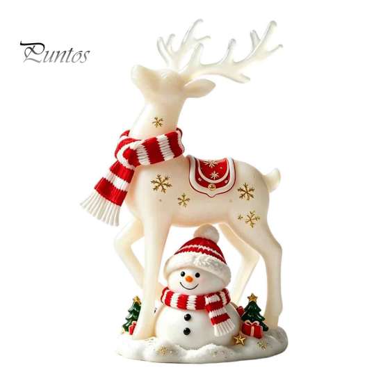 Charming Winter Table Decor Christmas Reindeer Snowman Resin Figurine, White Deer Statue with Red Scarf, Festive Mantelpiece Display Holiday Tabletop