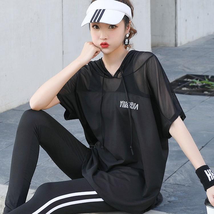 Dámská volná sada s kapucí a krátkým rukávem ve velkých velikostech, rychleschnoucí, na běh a jógu