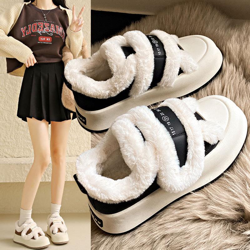 Women's Retro Velcro Thick Sole Fashion Lightweight Soft Sole Winter Warm Fur One Snow Boots Fluffy Lined Non-slip Casual Sports Cotton Boots