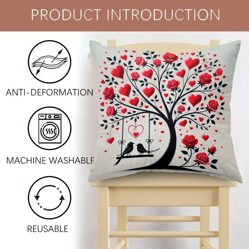 

1pc Valentine s Day Heart Tree Decorative Cushion Cover - Red & Black Romantic Heart & Rose Pattern with Golden Swans 18*18inch